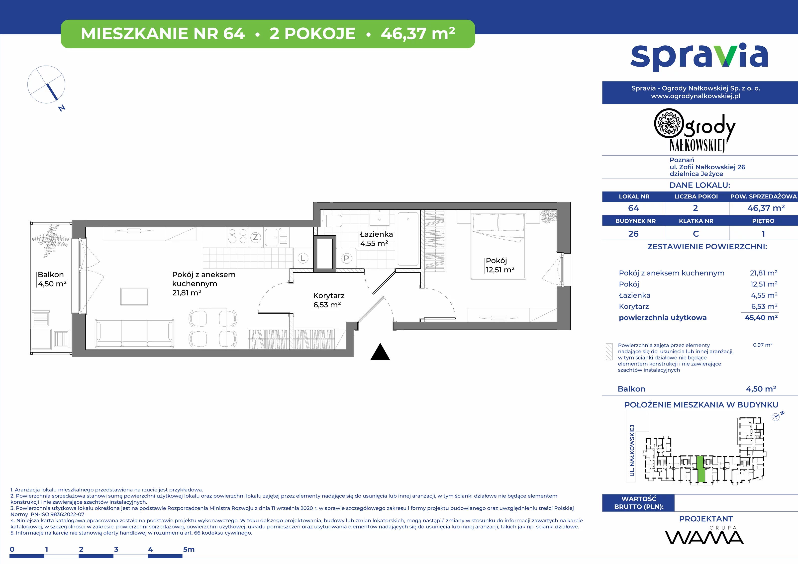 2 pokoje, mieszkanie 46,37 m², piętro 1, oferta nr 26-64, Ogrody Nałkowskiej, Poznań, Ogrody, ul. Nałkowskiej 24, 26